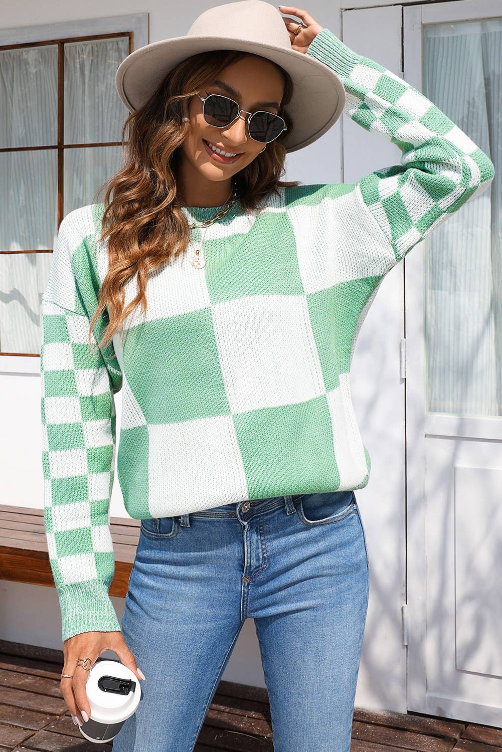 Checkered Print Drop Shoulder Sweater: Mint Green