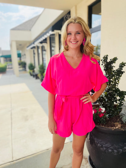 Actively Solid Color V-Neck Short Sleeve Belted Romper