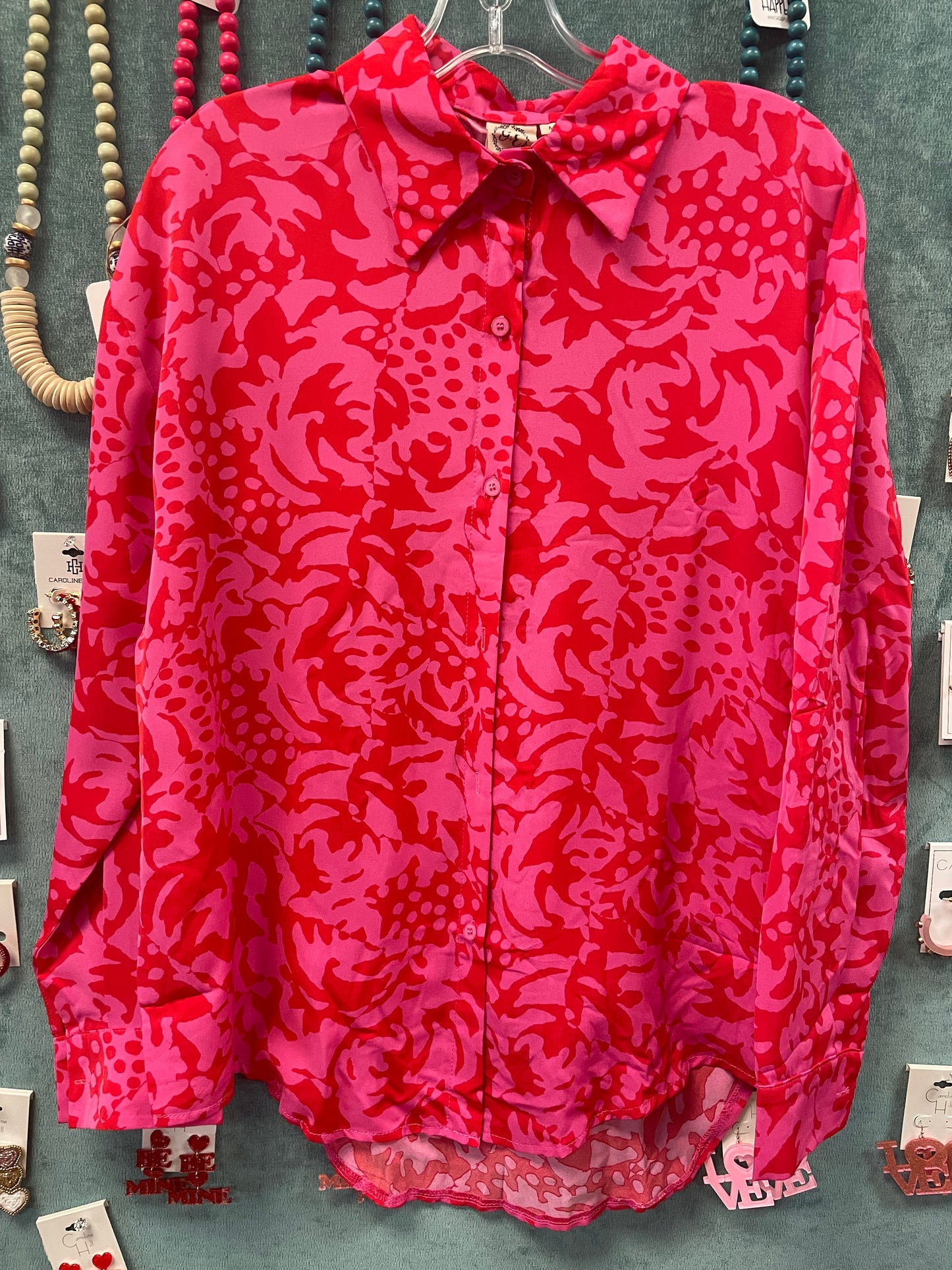 Hot Pink Damask Button Down Blouse